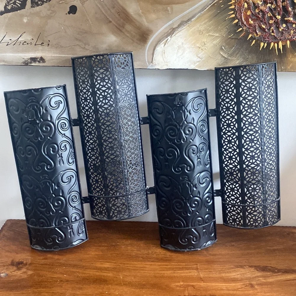 Vintage Pier 1 Metal Scroll Wall Sconce Candle Holder 4 Pillar Earth Tones
